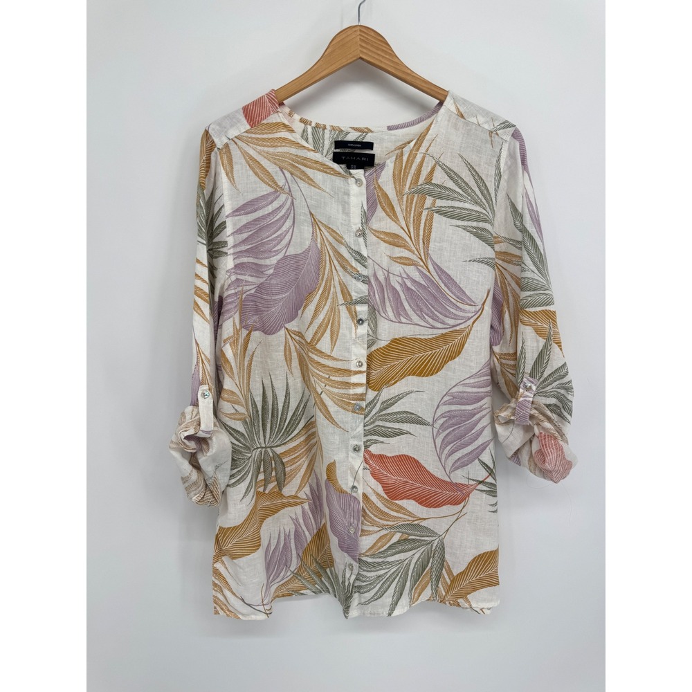 Tahari Linen Button Down Shirt Women 1X Tropical Leaf Roll Tab Coastal Resort